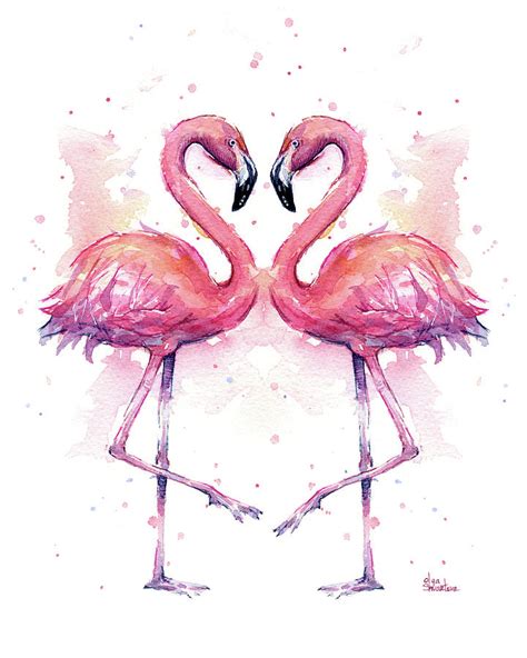 Two Flamingos In Love Watercolor Painting by Olga Shvartsur - Fine Art ...