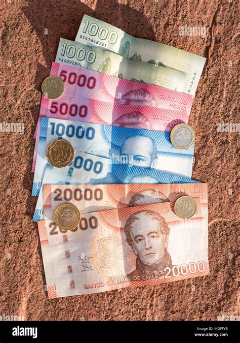 Close up of Chilean money, with 1000, 5000, 10000 and 50000 peso ...