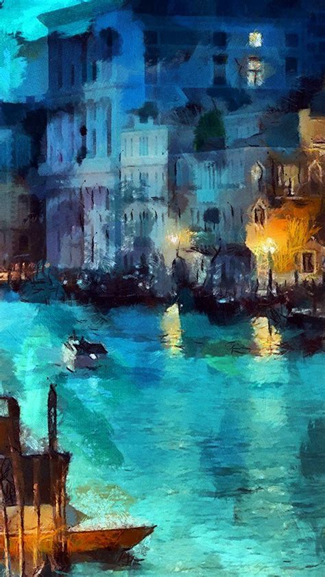 Art Classic Painting Water Lake Night Blue iPhone Wallpapers Free Download