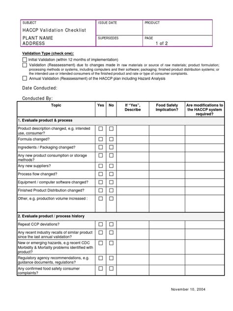 HACCP Validation Checklist Plant Name Address: Validation Type (Check ...