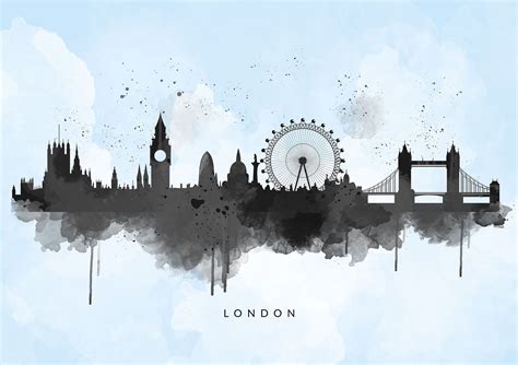 London Skyline Watercolour Abstract Art Print, Black on Blue Wash ...