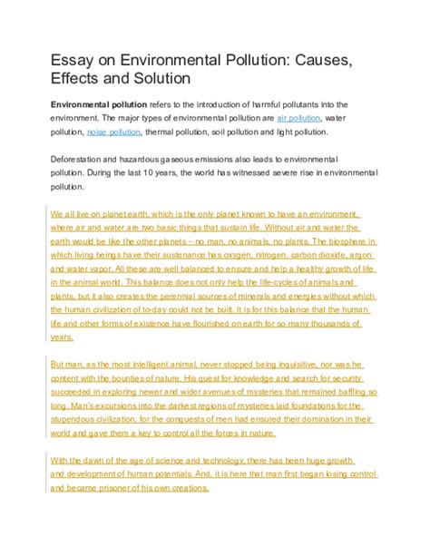 (DOC) Essay on Environmental Pollution: Causes, Effects and Solution ...