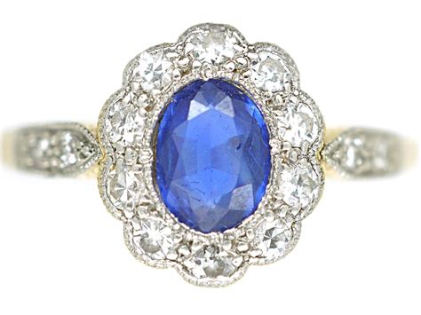 Edwardian Sapphire & Diamond Cluster Ring with Diamond Set Shoulders (289N) | The Antique ...