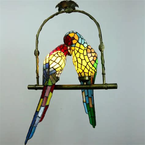 VINTAGE TIFFANY STYLE Stained Glass Parrot 2 Bird Shade Chandelier Pendant lamp $0.01 - PicClick