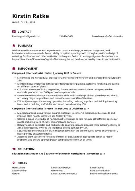 Horticulturist Resume (CV) Example and Writing Guide