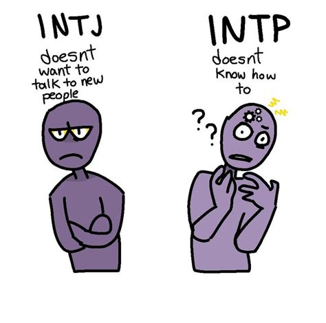 INTJ and INTP. INTJ: doesn't want to talk to new people. INTP: doesn't know how to. MBTI ...