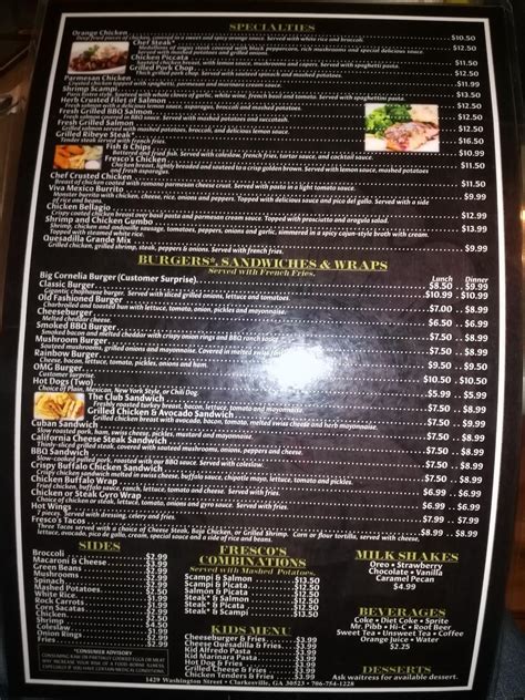 Menu at Fresco's Restaurant, Clarkesville, Washington St