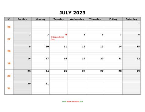 Free Download Printable July 2023 Calendar, large box grid, space for notes