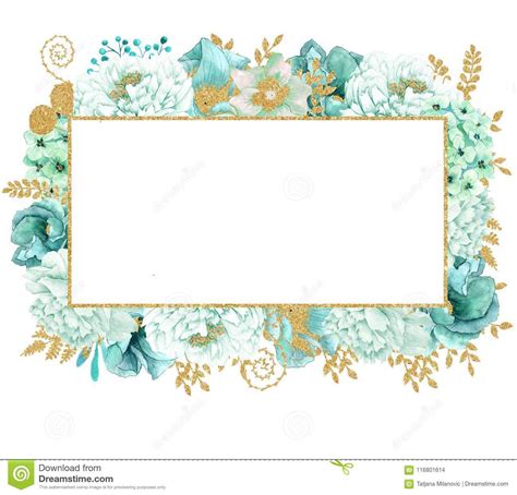 Beautiful Watercolor Mint Flowers Frame. Mint Gold Flower Frame! Stock Illustration ...