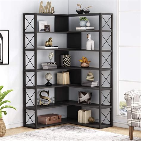 Tribesigns 6-Shelf Corner Bookcase, Vintage Industrial Corner Bookshelf Etagere Bookcase, 6 Tier ...