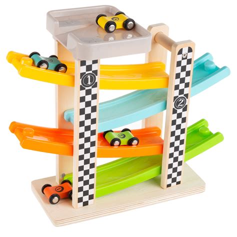 Toy Race Track and Racecar Set- Wooden Car Racer with 4 Colorful Cars ...