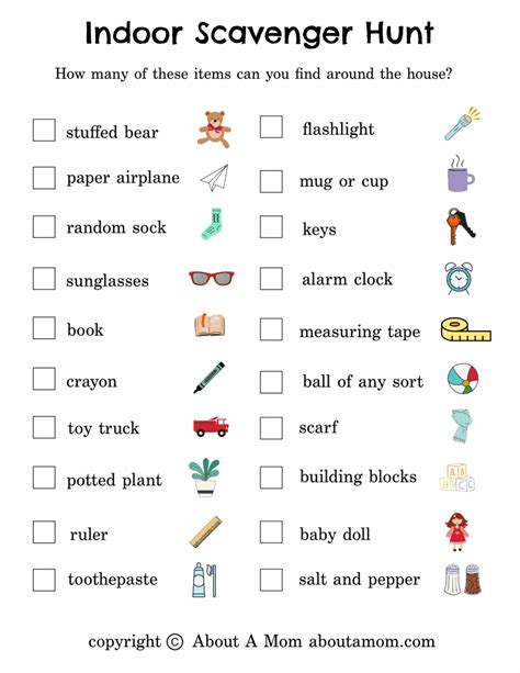 Free Indoor Scavenger Hunt Printable - About a Mom