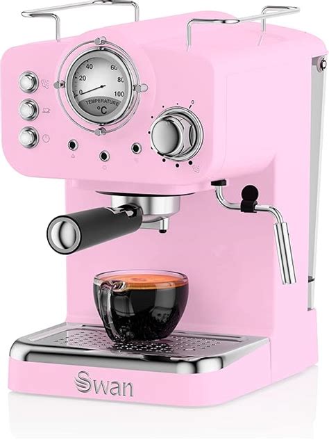 Swan Retro Pump Espresso Coffee Machine, Pink, 15 Bars of Pressure, Milk Frother, 1.2L Tank ...