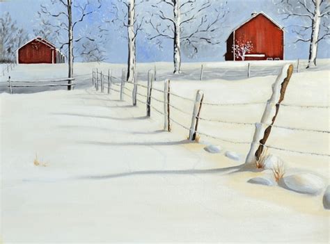 Red Barn Snow Scene Oil Painting - P.J. Cook Artist Studio