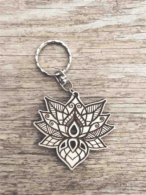 Laser Cut Wooden Keychain Lotus Flower Keychain Engraved Keychain ...