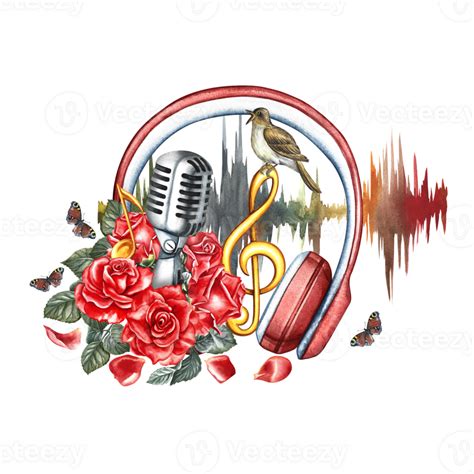 A retro silver microphone decorated with red roses, notes and a nightingale. The watercolor ...