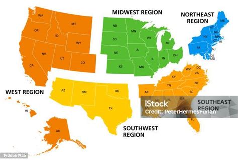 United States Of America Geographic Regions Colored Political Map Stock ...