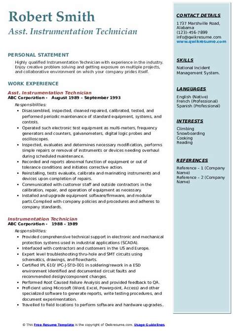 Instrumentation Technician Resume Samples | QwikResume