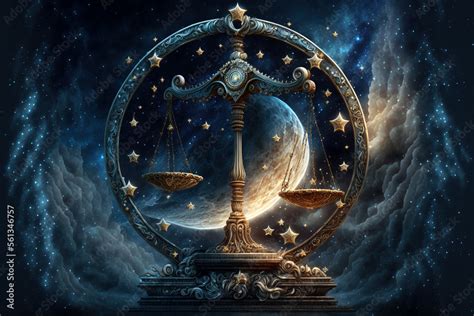 Zodiac sign of Libra, scales with magic light and stars in space ...