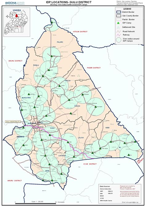 Uganda: IDP Locations - Gulu District - Showing 5 km radius buffer ...