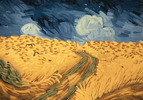 a painting of a wheat field with storm clouds in the background