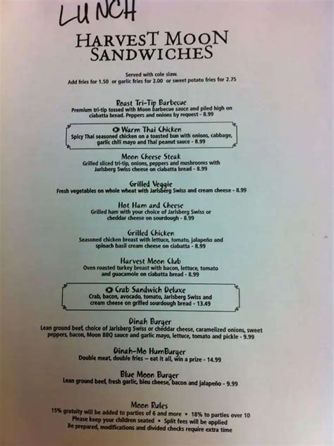 Menu at Harvest Moon restaurant, Modesto