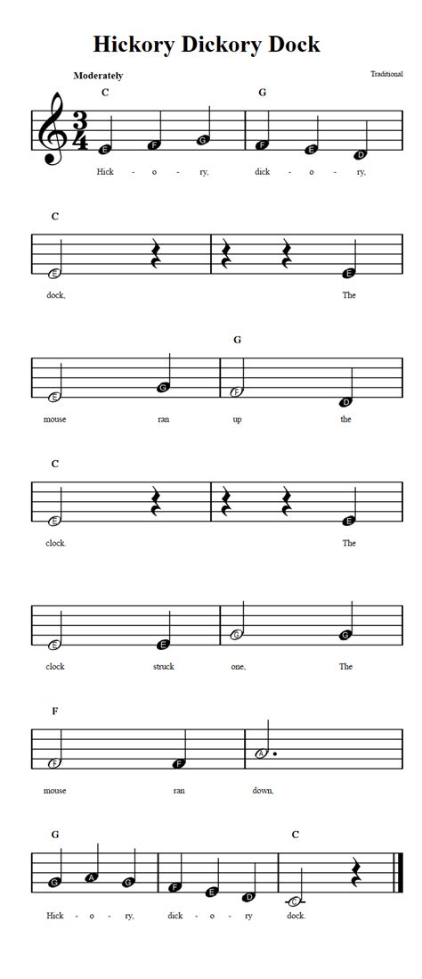 Hickory Dickory Dock: Beginner Sheet Music with Chords and Lyrics