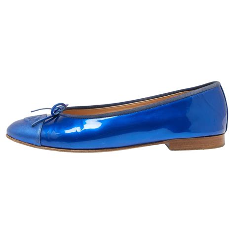 Chanel Royal Blue Patent and Leather CC Cap-Toe Bow Ballet Flats Size ...