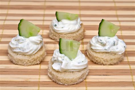 Canapé with spicy cream cheese and cucumber | Stock image | Colourbox