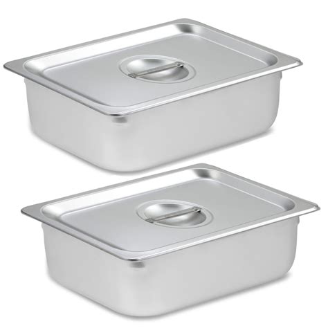 2 Pack Steam Table Pan Half Size with Cover, Hotel Pan is 4 x 12.75 x 10.25, Made from 25 Gauge ...