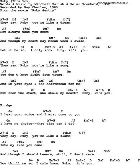 Song lyrics with guitar chords for Ruby (It's You) - Ray Charles, 1960