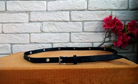 Vintage skinny leather studded black belt, Fits 34''-… - Gem