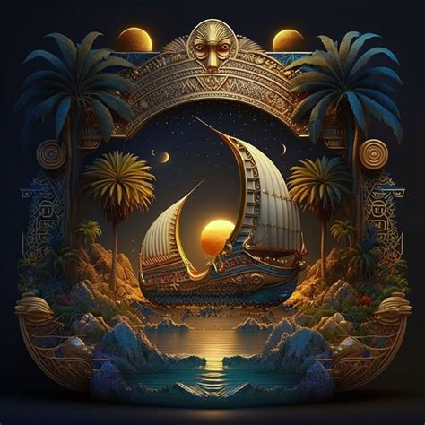 an image of a boat in the ocean with palm trees and moon on it's side