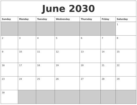 June 2030 Blank Printable Calendar