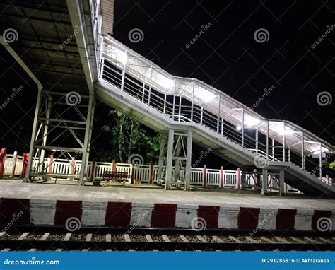 Train and Pedestrian Bridge at Railway Station at Night Scene Stock Photo - Image of tourism ...