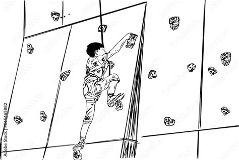 A little boy climbing a rock wall indoor sketch drawing, wall climbing ...