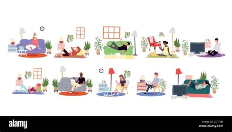 people at home working and leisure or recreation, indoor activities vector illustration Stock ...