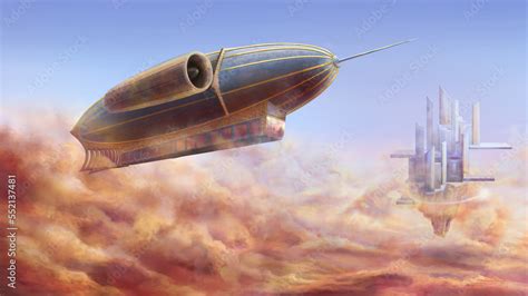 Wallpaper in steampunk style, with an airship, an airship traveling between cities, across the ...