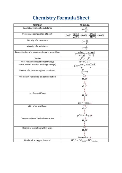 Chemistry Formula Sheet - Chemistry Formula Sheet PURPOSE FORMULA ...