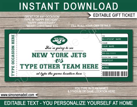 New York Jets Game Ticket Gift Voucher | Printable Surprise Football Tickets