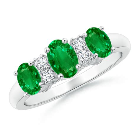 Angara - May Birthstone Ring - Oval Three Stone Emerald Engagement Ring with Diamonds in 14K ...