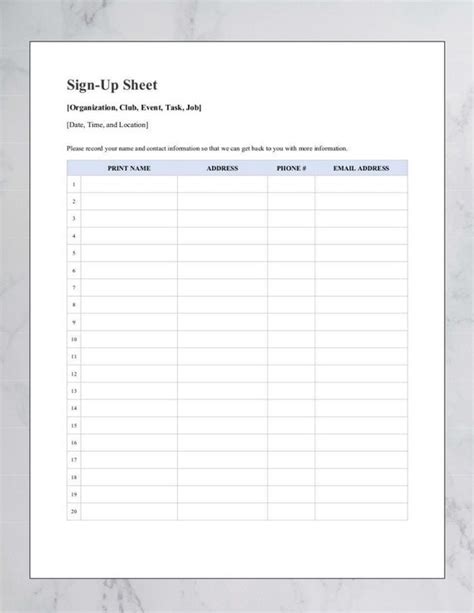 Editable Sign Up Sheet Printable Event Sheet Email List | Etsy