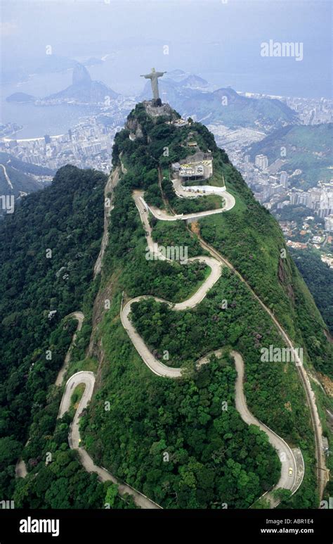 Rio de Janeiro, Brazil. Christ statue, aerial shot showing the road ...