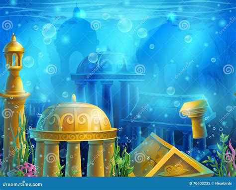 Atlantis. Seamless Submerged Underwater City, The Gold Ancient Vector ...