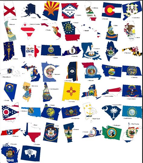 U.S. States Map Outlines With Flags, All USA 50 States Flags ...