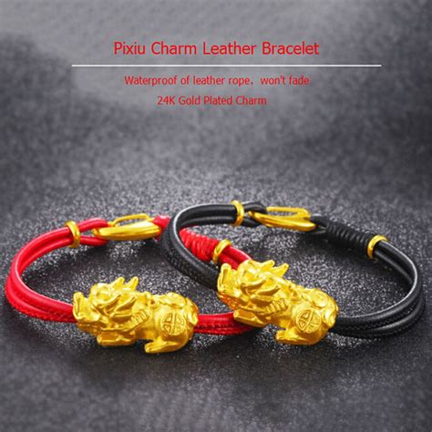 Sand Gold PiXiu Charm Bracelet Red and Black Genuine Leather Rope Chain Bracelet for Fashion ...