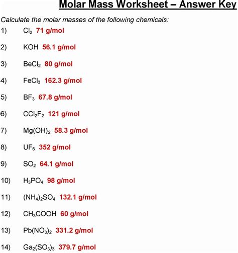 Formula Or Molar Mass Worksheet Answers | Worksheets Samples