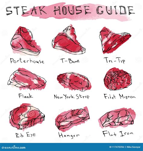 Watercolour Popular Steak Types Set. Beef Cuts. Meat Guide for Butcher Shop or Steak House ...