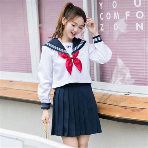 UPHYD Hot Fashion School Girl Uniform S XXL Long Sleeve Japanese Sailor Uniforms Sakura Anime ...