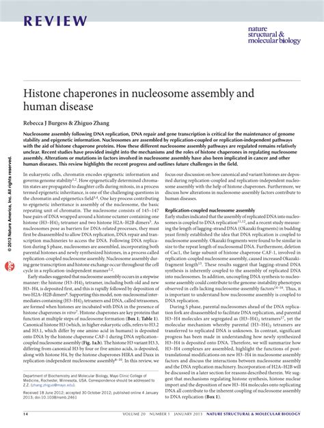 (PDF) Histone chaperones in nucleosome assembly and human disease